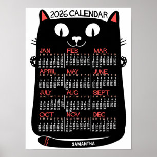 2026 Jaar Maandkalender Mid-Century Zwarte Kat Poster