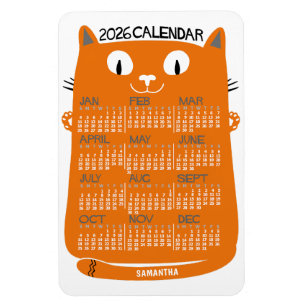 2026 Jaar Maandkalender Midden-Eeuwse Oranje Kat Magneet