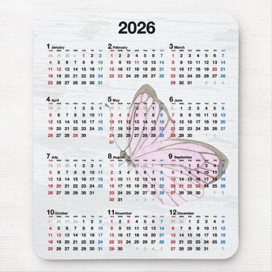 2026 Jaarkalender en Roze Vlinder  Muismat (Voorkant)