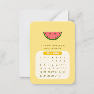 2026 Juli Maandelijkse Kawaii Motiverende Kalender Notitiekaartje