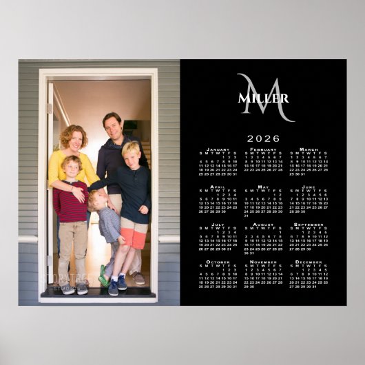 2026 Kalender Aangepaste Foto Monogram Naam Zwart Poster (Voorkant)