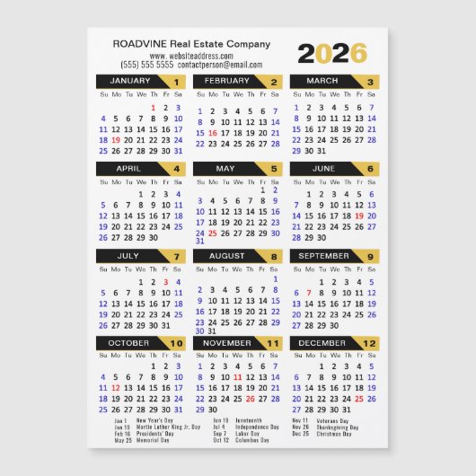 2026 Kalender Amerikaanse Feestdagen Modern Zakeli (Voorkant)