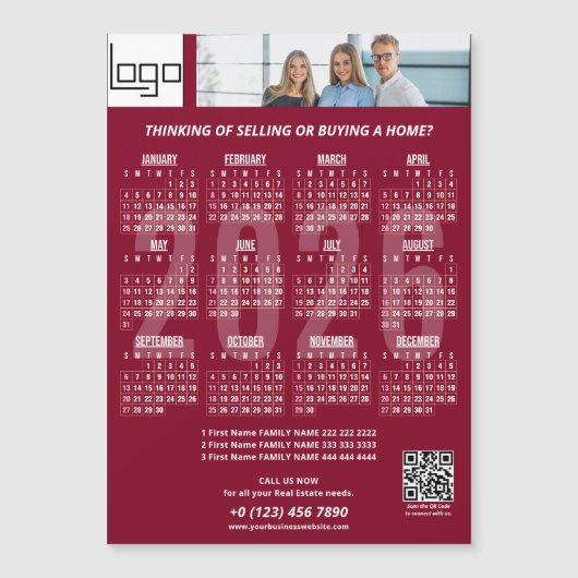 2026 Kalender Bedrijf Logo QR Code Bourgondië Foto (Voorkant)