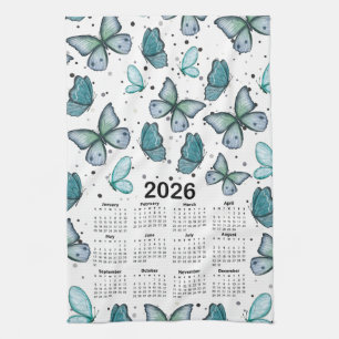 2026 Kalender Blauw Groene Vlinders Patroon Theedoek