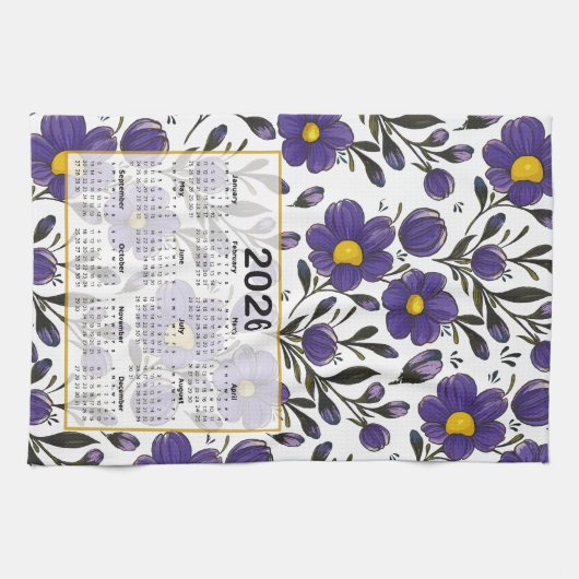 2026 Kalender Blauw Violette Bloemen met Bladeren Theedoek (Horizontaal)