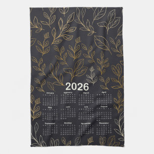 2026 Kalender Elegant Gouden Bladeren Patroon Theedoek