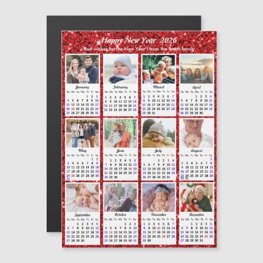 2026 Kalender Familie 12 Foto Moderne Rode Glitter (Voorkant / Achterkant)