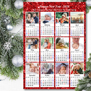 2026 Kalender Familie 12 Foto Moderne Rode Glitter