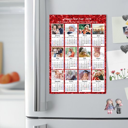 2026 Kalender Familie 12 Foto Moderne Rode Glitter