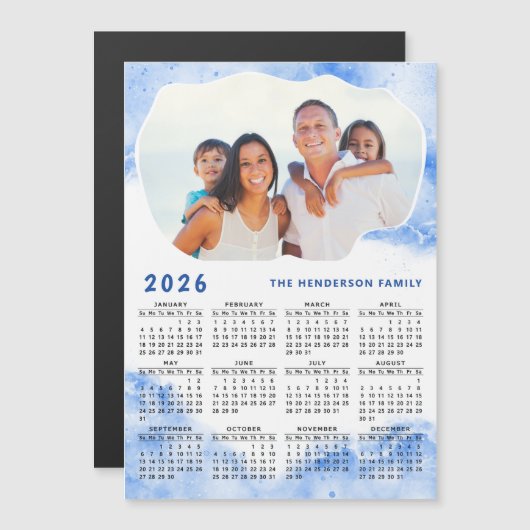 2026 Kalender Magneet Familie Foto Naam Blauw Wit (Voorkant / Achterkant)