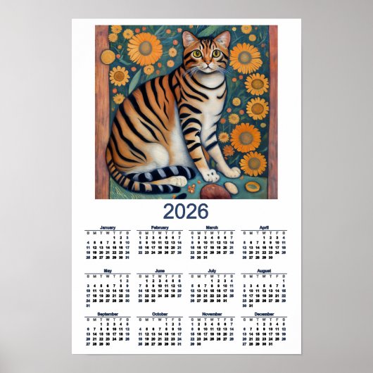 2026 Kalender met Tabby Cat Folk Art Poster (Voorkant)