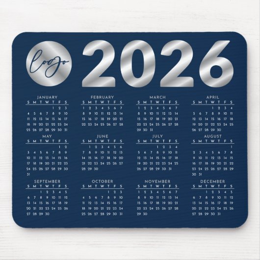 2026 Kalender Navy Blue & Silver Company Logo Muismat (Voorkant)