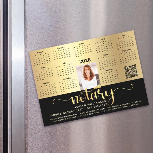 2026 Kalender Notaris Zwart Goud QR Code Magnet