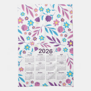 2026 Kalender Paarse en Blauwe Bloemenpatroon Theedoek