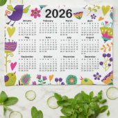 2026 Kalender Roze & Paarse Vogels en Bloemen Theedoek (Gevouwen)