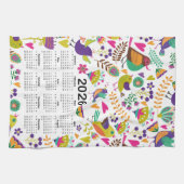 2026 Kalender Roze & Paarse Vogels en Bloemen Theedoek (Horizontaal)