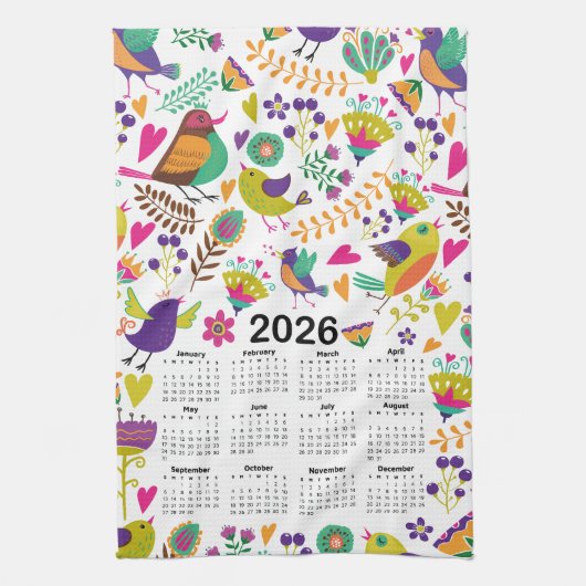 2026 Kalender Roze & Paarse Vogels en Bloemen Theedoek (Verticaal)