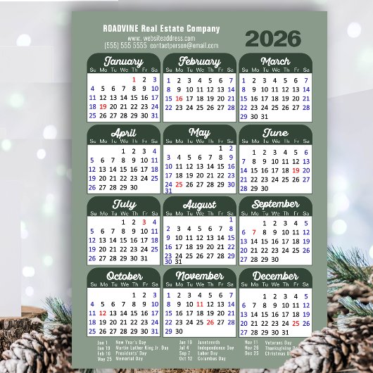 2026 Kalender Sage Groen Eenvoudig Zakelijk Magnet