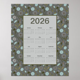 2026 Kalender voor het hele jaar Grijsblauwe Paard Poster