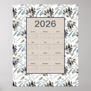 2026 Kalender voor het hele jaar met botanische bl Poster