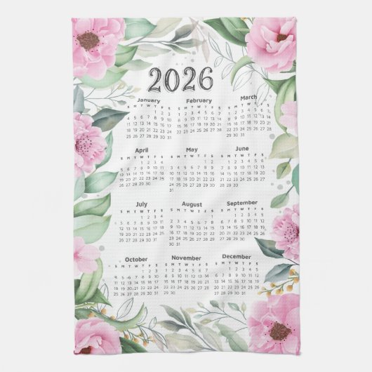 2026 Kalender Waterverf Eucalyptus Roze Bloemen Theedoek (Verticaal)