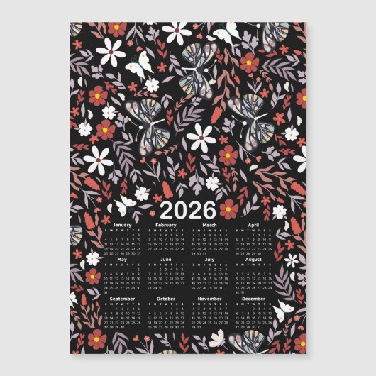 2026 Kalender Whimsical Floral & Butterfly Black (Voorkant)