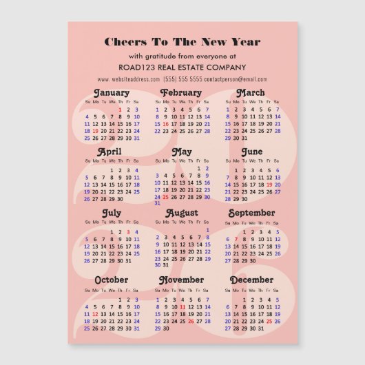 2026 Kalender Zakelijk Roze Minimalistische Magnet (Voorkant)