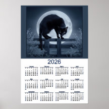 2026 Kalender Zwarte Kat op een hek met volle maan