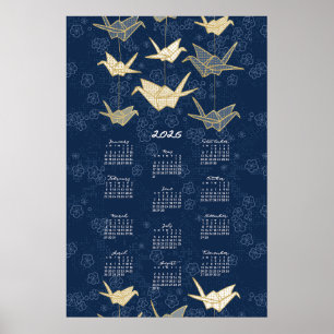 2026 Kalendergrafiek Origami Kraanvogels Blauw en Poster