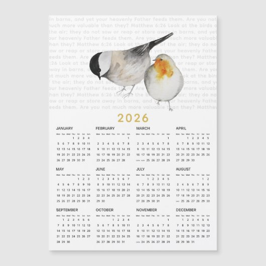 2026 Matteüs 6:26 Waterverf Vogels Kalendermagneet (Voorkant)