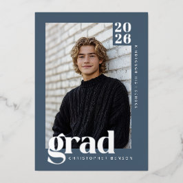 2026 Modern Blauw 4 Foto Afstuderen Zilver Folie Uitnodiging