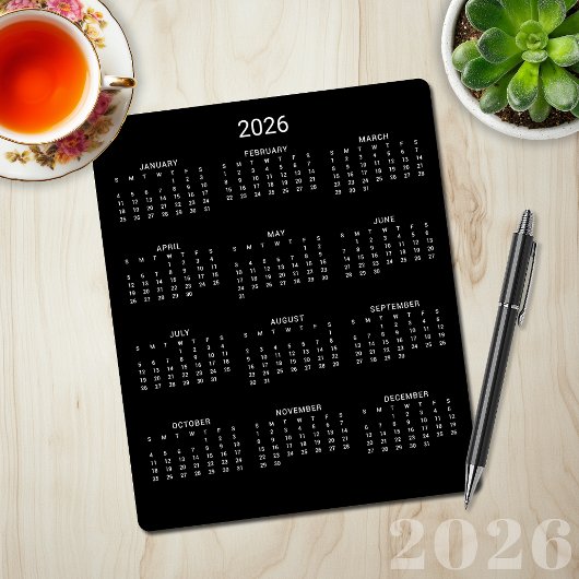 2026 Moderne Minimalistische Zwarte Kalender Muismat
