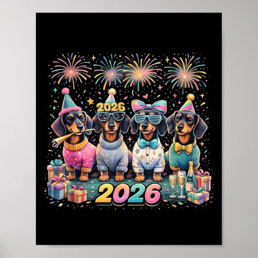 2026 New Year Dachshund Party Fireworks Fun Poster (Voorkant)