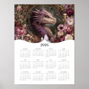 2026 Paarse Dragon Fantasy Art Volledige jaarkalen Poster