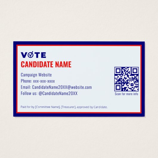 2026 Political Campaign Candidate Election Contact Visitekaartje (Achterkant)