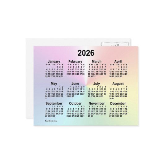2026 Rainbow Cloud Mini Kalender van Janz Briefkaart (Voorkant / Achterkant in situ)