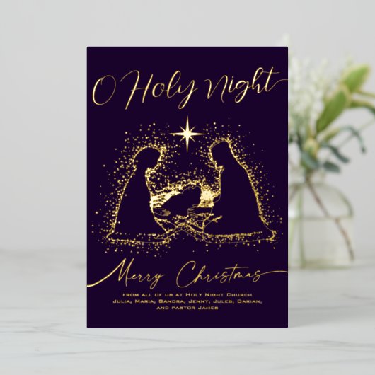 2026 Religieus Kerststal O Heilige Nacht Script Folie Feestdagenkaart (Staand Voorkant)