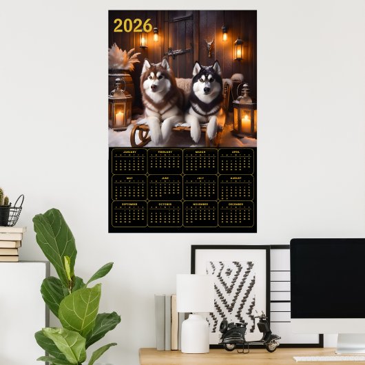 2026 Siberian Huskies on Sled Calendar Poster (Thuiskantoor)