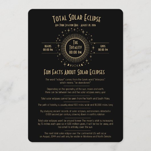 2026 Solar Eclipse Celestial Stars Black Fun Facts Kaart (Voorkant)