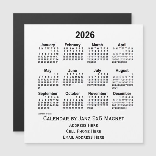 2026 White Business Calendar par Janz 5x5 Magnet (Devant / Derrière)