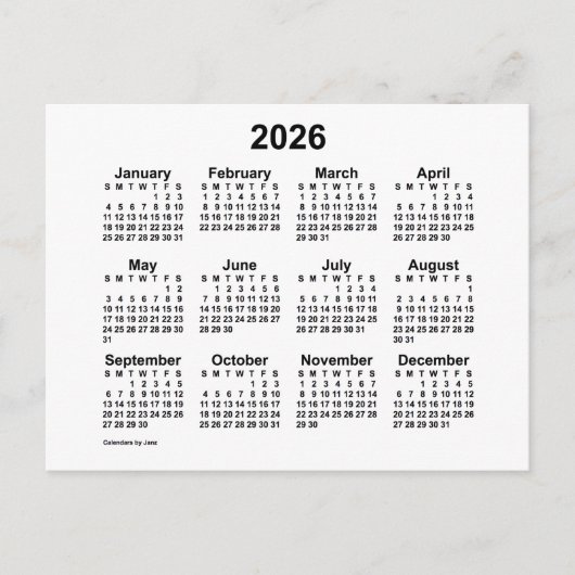 2026 Witte Mini-kalender van Janz Postcard Briefkaart (Voorkant)
