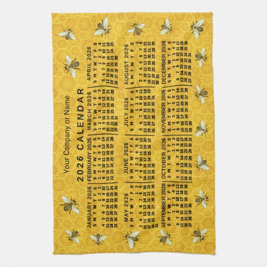 2026 Year Calendar Bee Honeycomb Apiary Custom Theedoek (Verticaal)