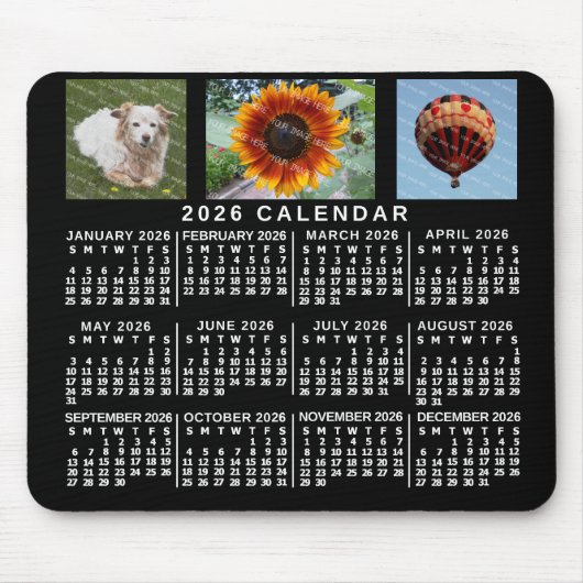 2026 Year Monthly Calendar Black Custom 3 Photos Muismat (Voorkant)