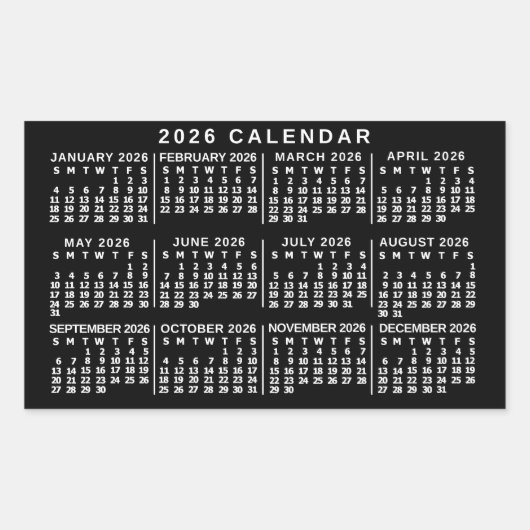 2026 Year Monthly Calendar Classic Black and White Rechthoekige Sticker (Voorkant)