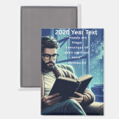 2026 Year Text Man Reading Magneet (Voorkant / Achterkant)