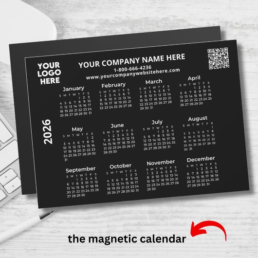 2026 Zakelijk Uw Logo QR Zwarte Kalender Magnet