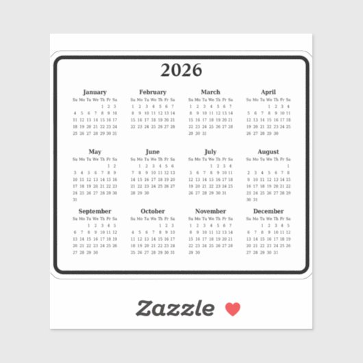 2026 Zwart-wit kalender Sticker (Vel)