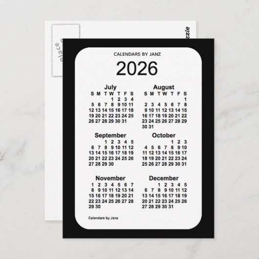 2026 Zwarte 6-maandenkalender van Janz Briefkaart (Voorkant / Achterkant)