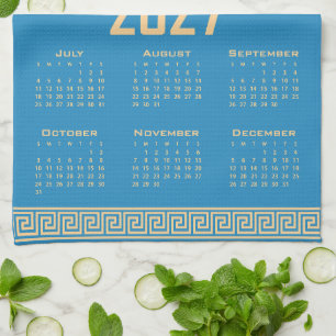 2027 Agenda, Griekse Fret, Beige op Cosmos Blauw Theedoek