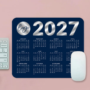 2027 Agenda Navy Blauwe & Zilveren Bedrijfslogo Muismat